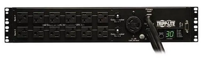 Alt view image 3 of 6 - Tripp Lite Metered PDU with ATS, 2.9 kW Single-Phase 120V Outlets (24 x 5-15/20R, 1 x L5-30R), 2 x L5-30P, 2 x 10 Feet Cords, 2U Rack-Mount, TAA (PDUMH30AT)
