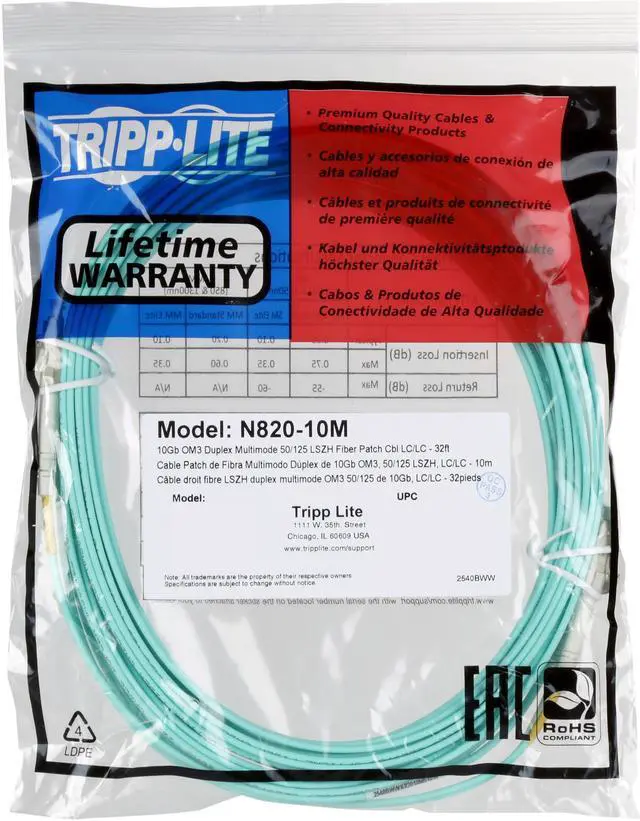 Alt view image 3 of 3 - Tripp Lite N820-10M 32.81 ft. 10Gb Aqua Duplex Multimode 50/125 Fiber Patch Cable