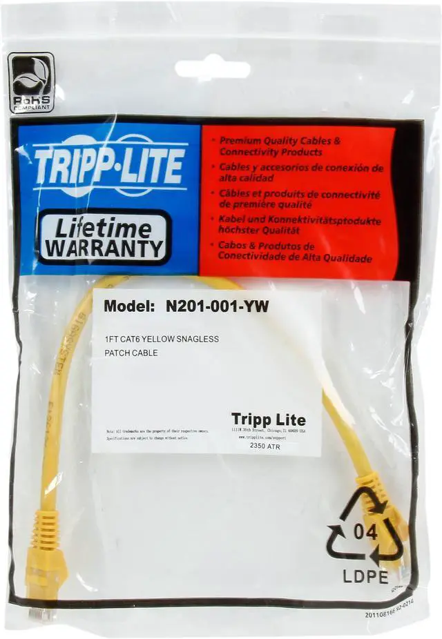 Alt view image 3 of 3 - TRIPP LITE N201-001-YW 1 ft. (0.3m) Cat 6 Yellow Gigabit Snagless Molded Patch Cable