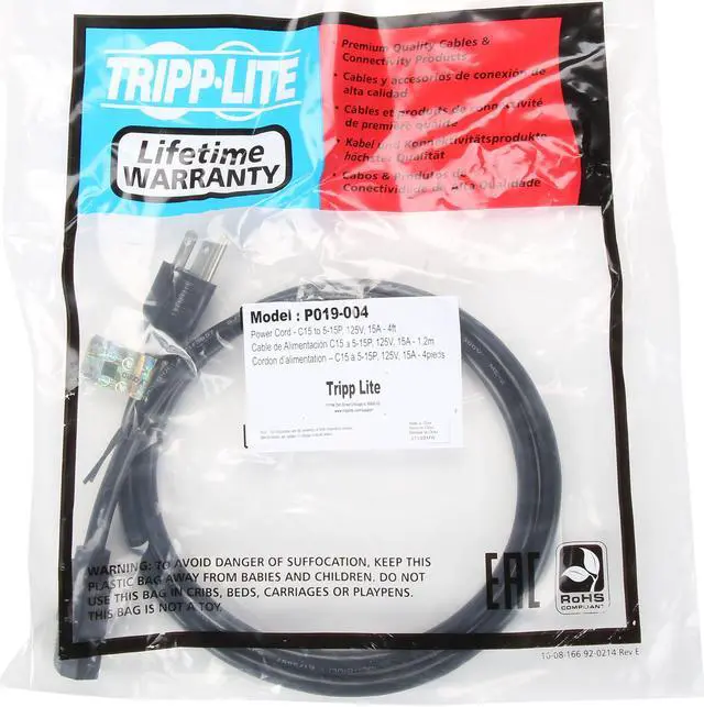 Alt view image 3 of 3 - Tripp Lite Heavy-Duty Power Cord, 15A, 14AWG (NEMA 5-15P to IEC-320-C15), 4-ft. (P019-004)