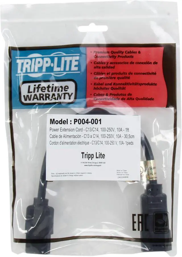 Alt view image 3 of 3 - Tripp Lite Model P004-001 1 ft. Black 18AWG SJT, 10A, 100-250V IEC-320-C14 to IEC-320-C13 Power Cord Male to Female