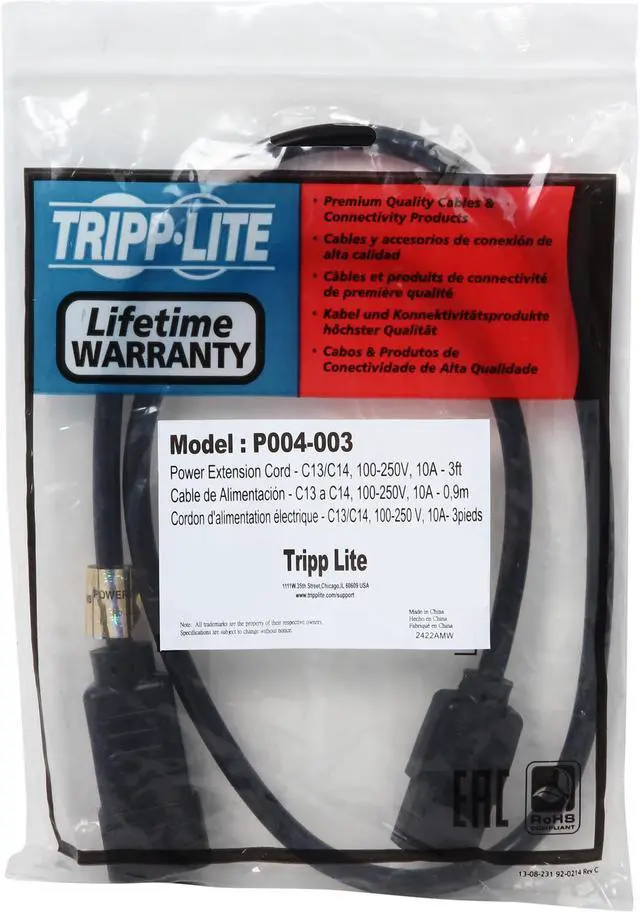 Alt view image 3 of 3 - Tripp Lite Model P004-003 3 ft. Black 18AWG SJT, 10A, 100-250V IEC-320-C14 to IEC-320-C13 Power Cord Male to Female