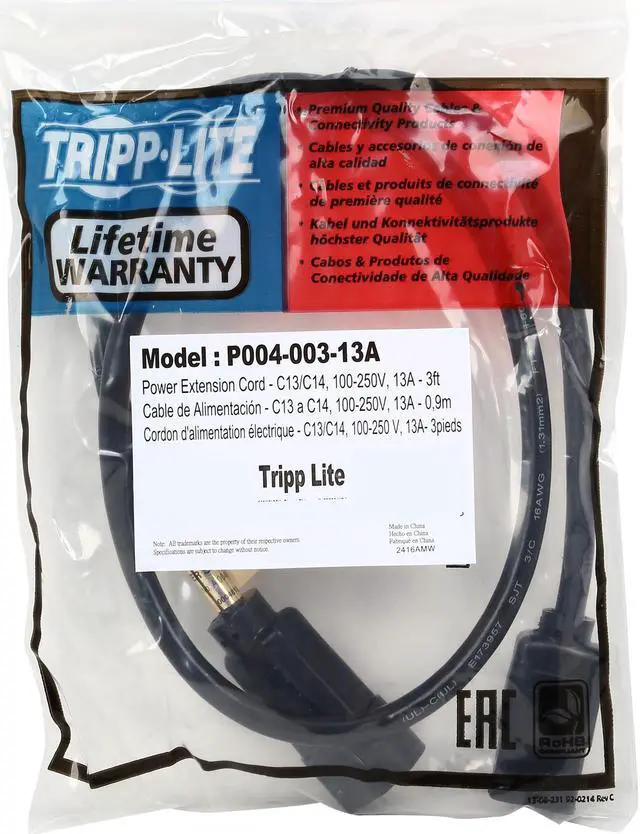Alt view image 3 of 3 - Tripp Lite Model P004-003-13A 3 ft. Black 16AWG SJT, 13A, 100-250V IEC-320-C14 to IEC-320-C13 Power Cord Male to Female