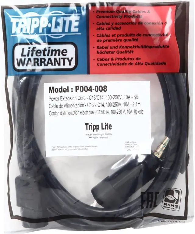 Alt view image 3 of 3 - Tripp Lite Model P004-008 8 ft. Black 18AWG SJT, 10A, 100-250V IEC-320-C14 to IEC-320-C13 Power Cord Male to Female