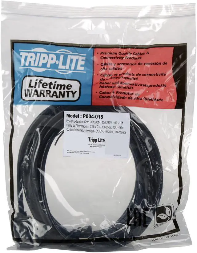Alt view image 3 of 4 - Tripp Lite Model P004-015 15 ft. Black 18AWG SJT, 10A, 100-250V IEC-320-C14 to IEC-320-C13 Power Cord Male to Female