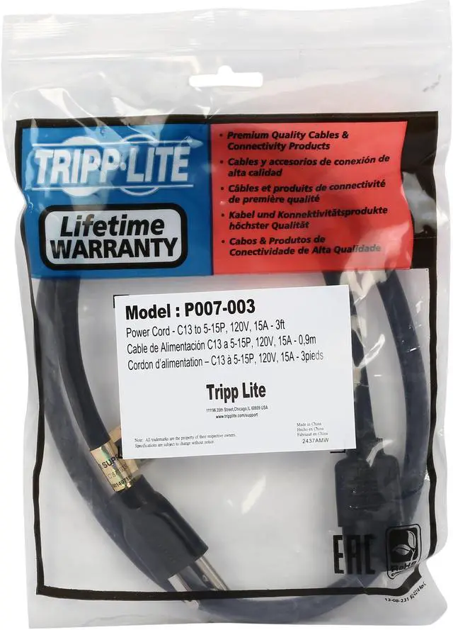 Alt view image 3 of 3 - Tripp Lite Model P007-003 3 ft. Heavy-Duty Computer Power Cord, 14AWG 15A (NEMA 5-15P to IEC-320-C13)