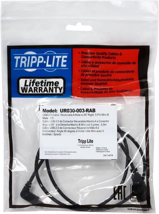 Alt view image 3 of 3 - Tripp Lite UR030-003-RAB Universal Reversible USB 2.0 Hi-Speed Cable (Reversible A to Right-Angle 5Pin Mini B M/M), 3-ft.