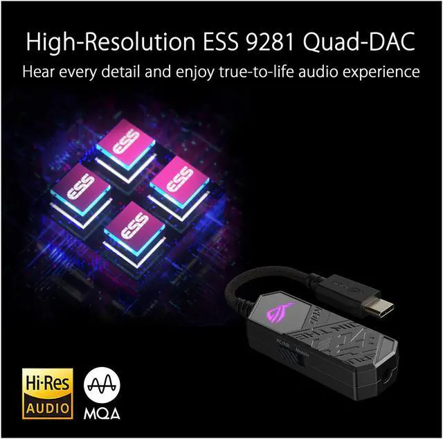 Alt view image 2 of 6 - ASUS ROG Clavis USB-C Gaming DAC (ESS 9281 QUAD DAC amplifier, AI Noise-Canceling Mic, MQA Rendering, Aura Sync RGB, Compatible with PC, mobile, PlayStation 5, and Switch)