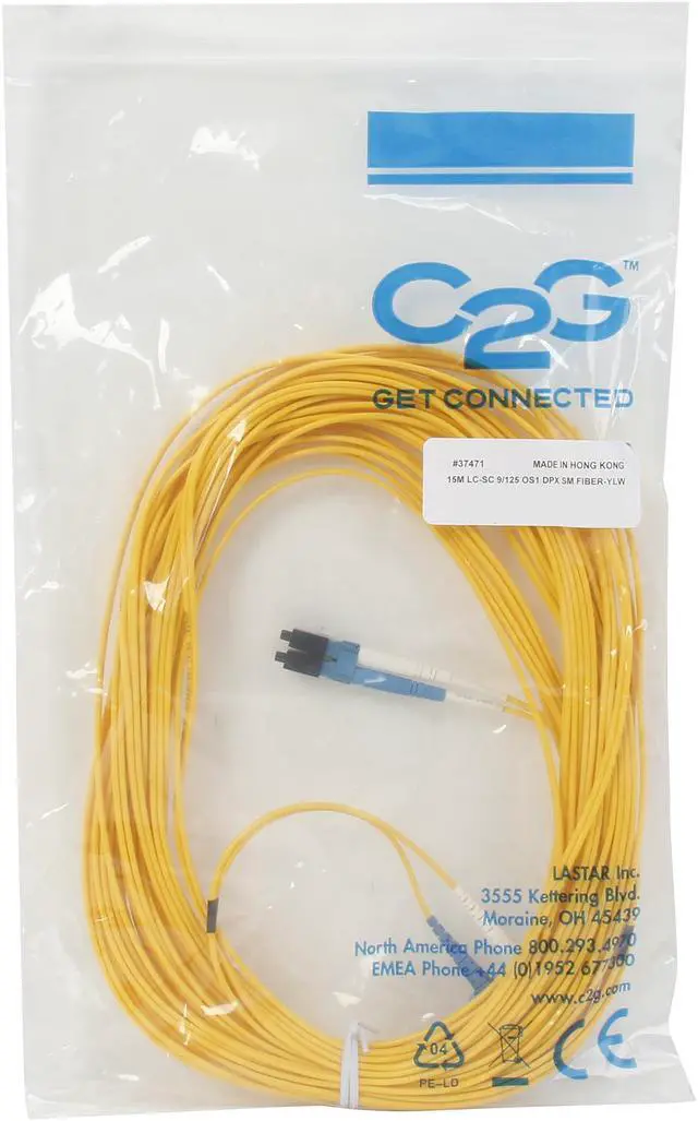Alt view image 3 of 3 - C2G 37471 OS2 Fiber Optic Cable - LC-SC 9/125 Duplex Single-Mode PVC Fiber Cable, Yellow (49.2 Feet, 15 Meters)
