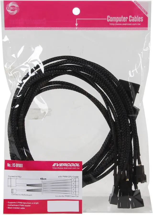 Alt view image 3 of 3 - Evercool EC-DF001 1.47 ft. Supports 5 PWM Fans Black Braided Cable Male to Male