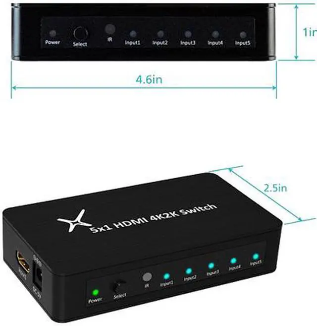 Alt view image 3 of 5 - XtremPro 11007 HDMI Switch Ultra Slim 5x1 Ports, 5 in 1 out Aluminium w/ IR Remote & AC Adapter, Supports HDTV, 4K2K 1080P, 720P, Full 3D for PS, Xbox, Nintendo, Projector - Black