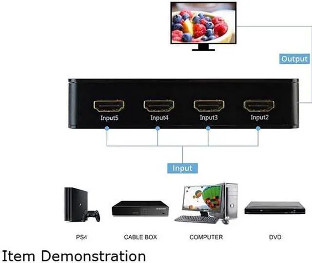 Alt view image 5 of 5 - XtremPro 11007 HDMI Switch Ultra Slim 5x1 Ports, 5 in 1 out Aluminium w/ IR Remote & AC Adapter, Supports HDTV, 4K2K 1080P, 720P, Full 3D for PS, Xbox, Nintendo, Projector - Black