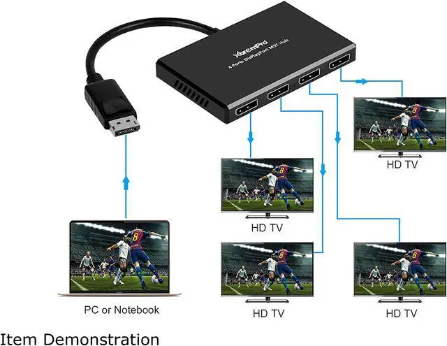 Alt view image 7 of 8 - XtremPro 61071 4 Port DisplayPort 1.2 to DisplayPort Multi Stream Transport MST Hub 1x4, 1 input 4 output DisplayPort Splitter, Up to 21.6 Gbps for Windows PCs - Black