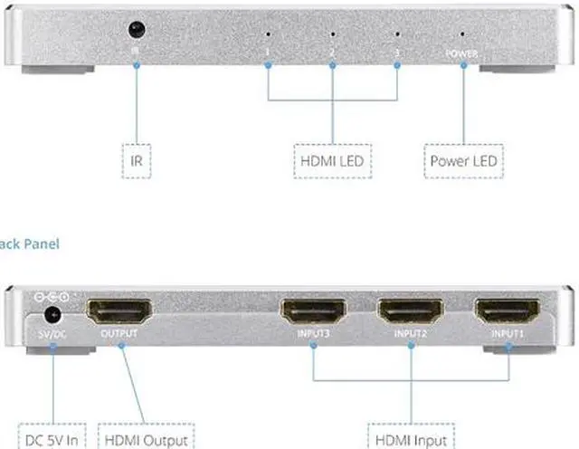 Alt view image 4 of 6 - XtremPro 64301KA 3x1 HDMI Aluminum 4K2K 3D /60Hz 3 In 1 Out Switch w/IR Wireless Remote control, AC Power Adapter 100 ~ 240V, Supports HDCP, LPCM, DTS, 3D All Format - Silver