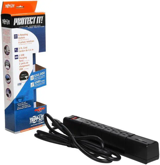 Alt view image 8 of 7 - Tripp Lite TLP608RUSBB Protect It! 6- Rotatable Outlet Surge Protector, 8-ft. Cord, 1080 Joules, 2 USB Charging Ports (3.4A)