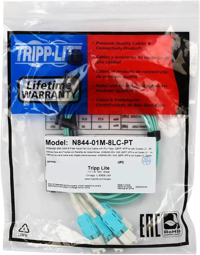 Alt view image 3 of 3 - Tripp Lite N844-01M-8LC-PT 3 ft. Fan-out Cable Push / Pull Tab MTP/MPO to 8 x LC 40Gbase OM3 Plenum