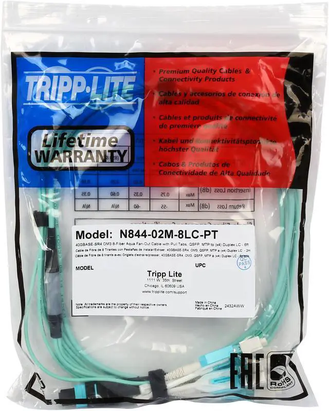 Alt view image 3 of 3 - Tripp Lite N844-02M-8LC-PT 7 ft. Fan-out Cable Push / Pull Tab MTP/MPO to 8 x LC 40Gbase OM3 Plenum