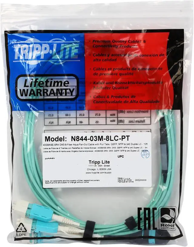 Alt view image 3 of 3 - Tripp Lite N844-03M-8LC-PT 10 ft. Fan-out Cable Push / Pull Tab MTP/MPO to 8 x LC 40Gbase OM3 Plenum
