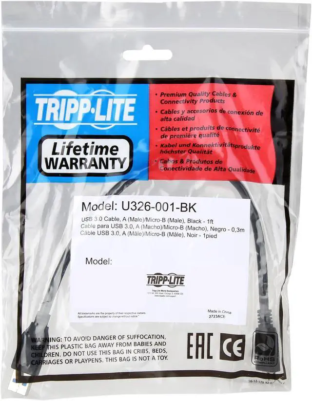 Alt view image 3 of 3 - Tripp Lite U326-001-BK Black USB 3.0 SuperSpeed Device Cable (A to Micro-B M/M)