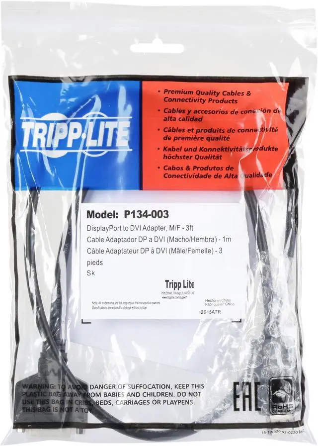 Alt view image 3 of 4 - Tripp Lite DisplayPort to DVI Cable Adapter, Converter for DP to DVI-I (M/F), 3-ft. (P134-003)
