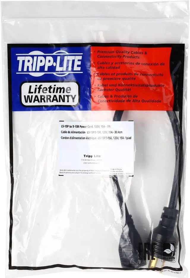 Alt view image 5 of 5 - Tripp Lite Model P025-001 1 Foot Heavy-Duty Power Adapter Cord, 15A, 14AWG (NEMA 5-15R to L5-15P)