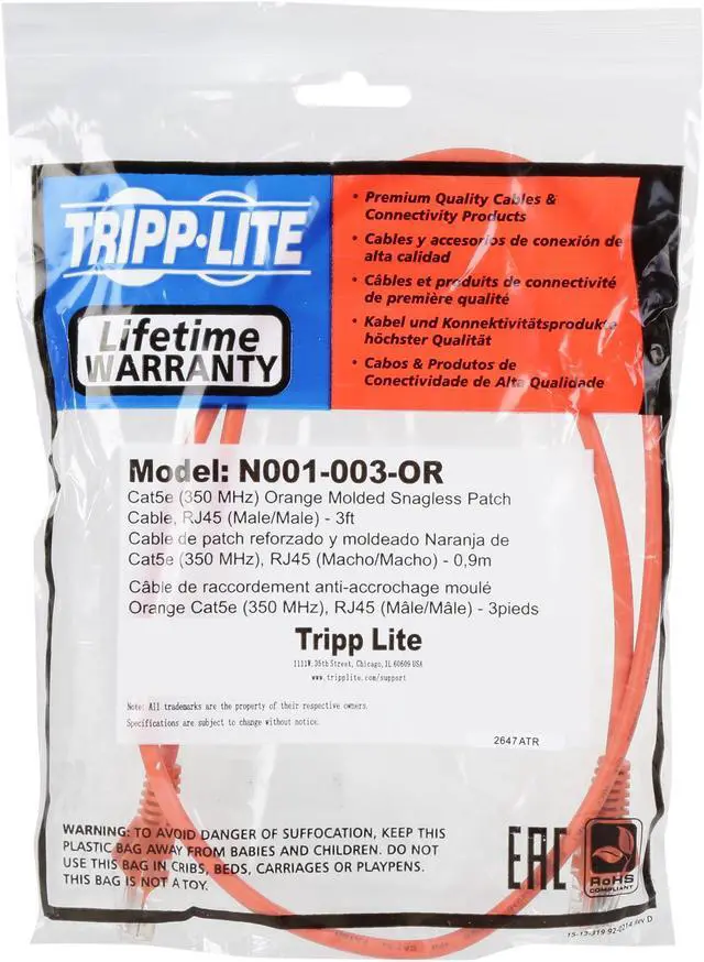 Alt view image 3 of 3 - TRIPP LITE N001-003-OR 3 ft. Cat 5/5E Orange Cat5e 350MHz Snagless Molded Patch Cable (RJ45 M/M) - Orange
