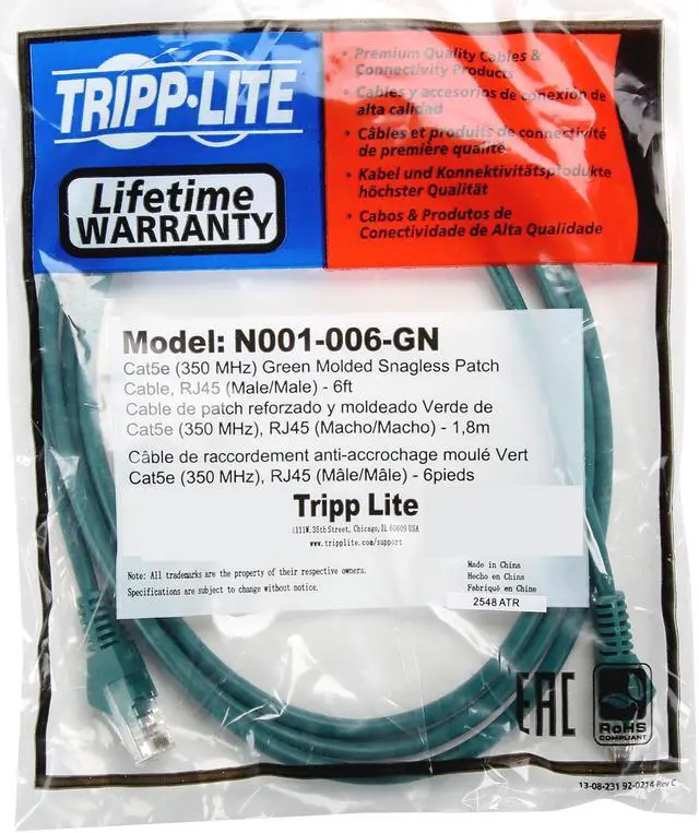 Alt view image 3 of 3 - TRIPP LITE N001-006-GN 6 ft. Cat 5/5E Green Cat5e 350MHz Snagless Molded Patch Cable (RJ45 M/M) - Green