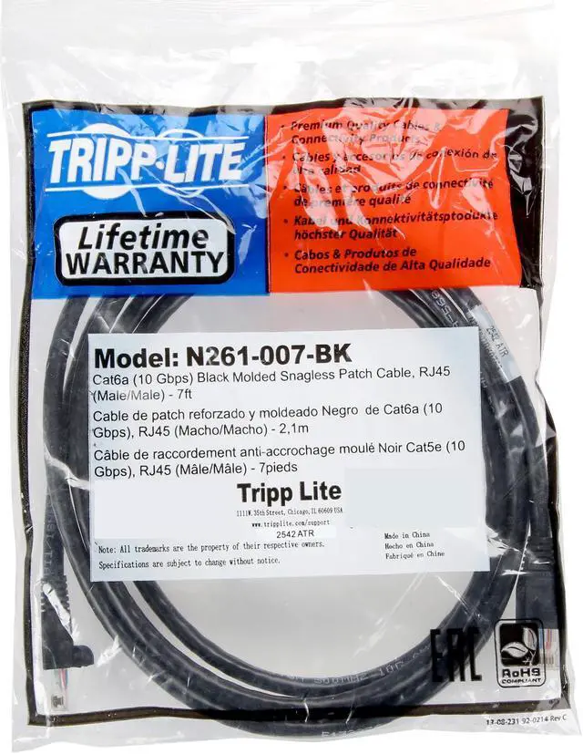 Alt view image 3 of 3 - TRIPP LITE N261-007-BK 7 ft. Cat 6A Black Augmented Cat6 (Cat6a) Snagless 10G Certified Patch Cable, (RJ45 M/M) - Black
