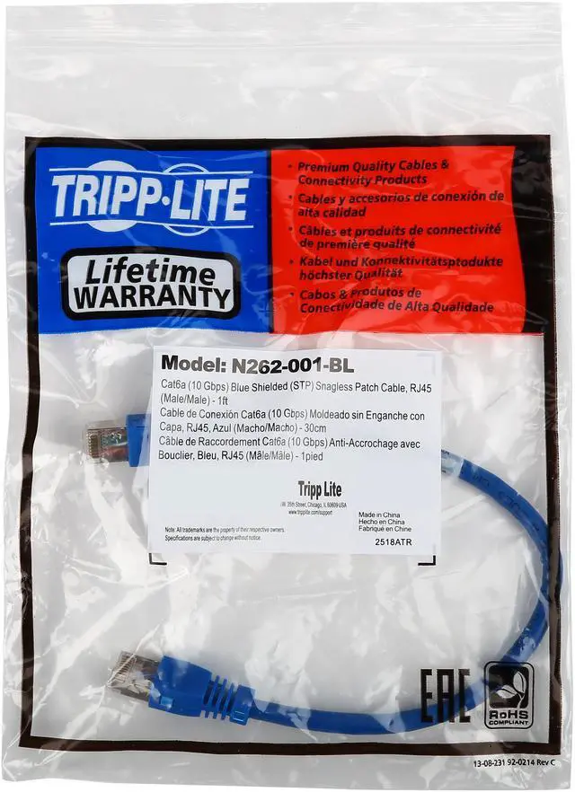 Alt view image 3 of 3 - Tripp Lite Augmented Cat6 (Cat6a) Shielded (STP) Snagless 10G Certified Patch Cable, (RJ45 M/M) - Blue 1-ft.