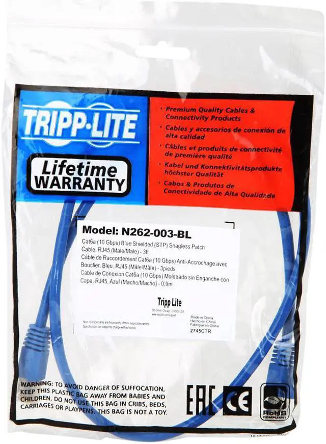 Alt view image 3 of 3 - TRIPP LITE N262-003-BL 3 ft. Cat 6A Blue Shielded Augmented Cat6 (Cat6a) Shielded (STP) Snagless 10G Certified Patch Cable, (RJ45 M/M)