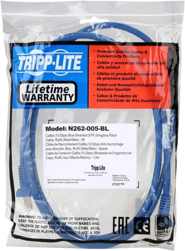 Alt view image 3 of 3 - TRIPP LITE N262-005-BL 5 ft. Cat 6A Blue Shielded Augmented Cat6 (Cat6a) Shielded (STP) Snagless 10G Certified Patch Cable, (RJ45 M/M)