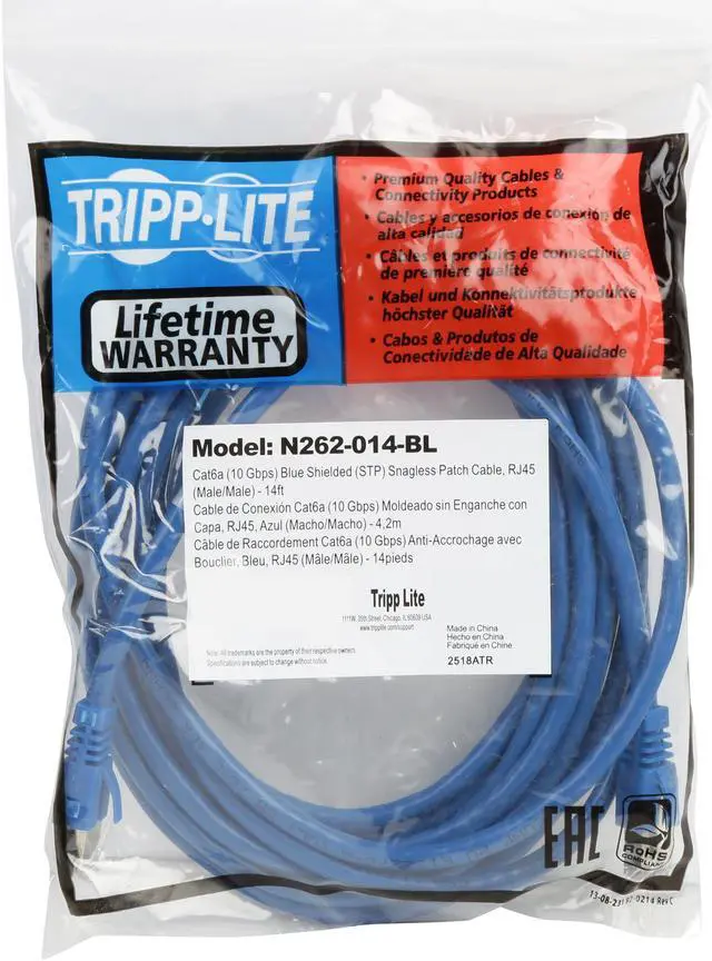 Alt view image 3 of 3 - TRIPP LITE N262-014-BL 14 ft. Cat 6A Blue Shielded Augmented Cat6 (Cat6a) Shielded (STP) Snagless 10G Certified Patch Cable, (RJ45 M/M)