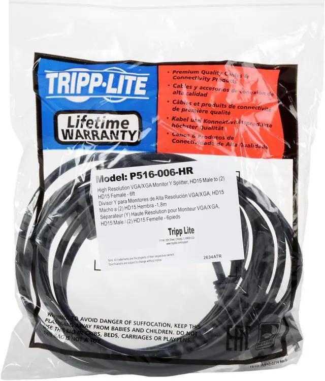 Alt view image 3 of 3 - Tripp Lite P516-006-HR 6 ft. High Resolution VGA Monitor Y Splitter Cable (HD15 M to 2x HD15 F)