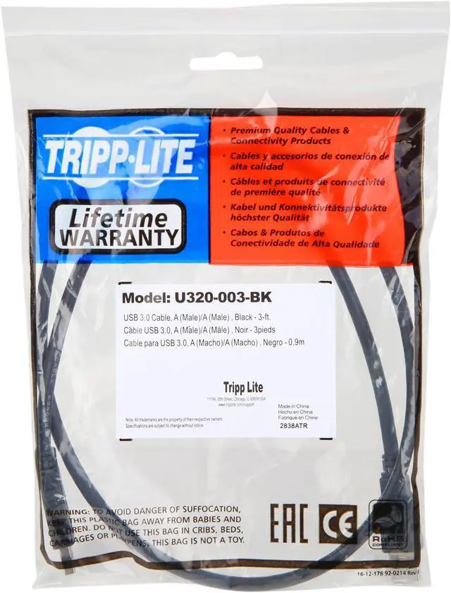 Alt view image 3 of 3 - Tripp Lite 3 ft. USB 3.0 SuperSpeed A/A Cable (M/M), 28/24 AWG, 5 Gbps, Type-A to Type-A, Black, 3' (U320-003-BK)