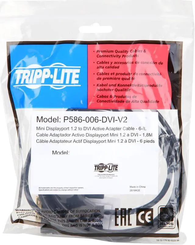 Alt view image 3 of 3 - Tripp Lite Mini DisplayPort 1.2 to DVI Active Adapter Cable, Mini DP to DVI (M/M), 1920 x 1080/1080p, 6 ft. (P586-006-DVI-V2)