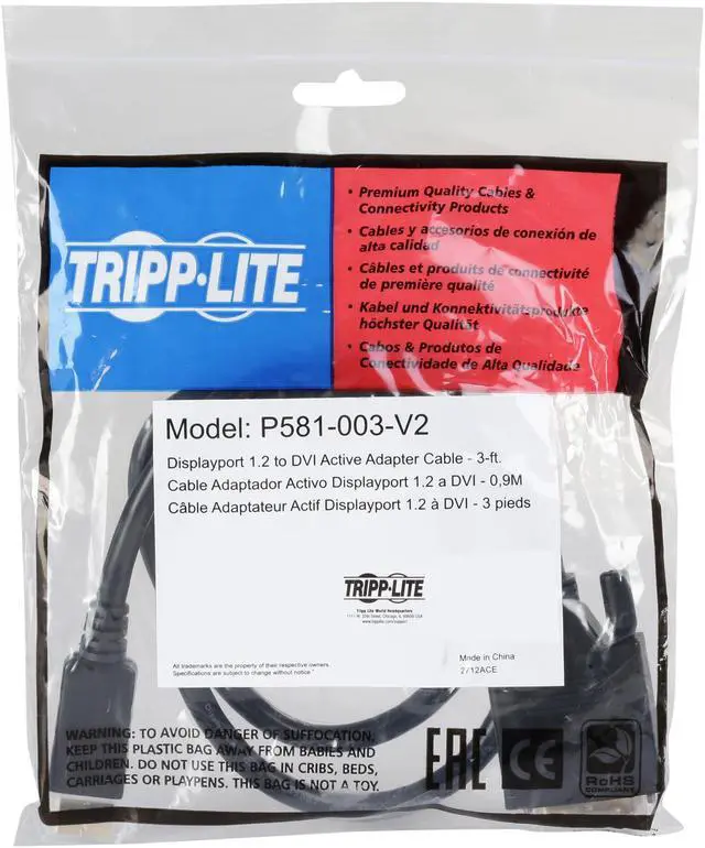 Alt view image 3 of 3 - Tripp Lite P581-003-V2 Black DisplayPort 1.2 to DVI Active Adapter M/M 1920 x 1200 1080p 3'
