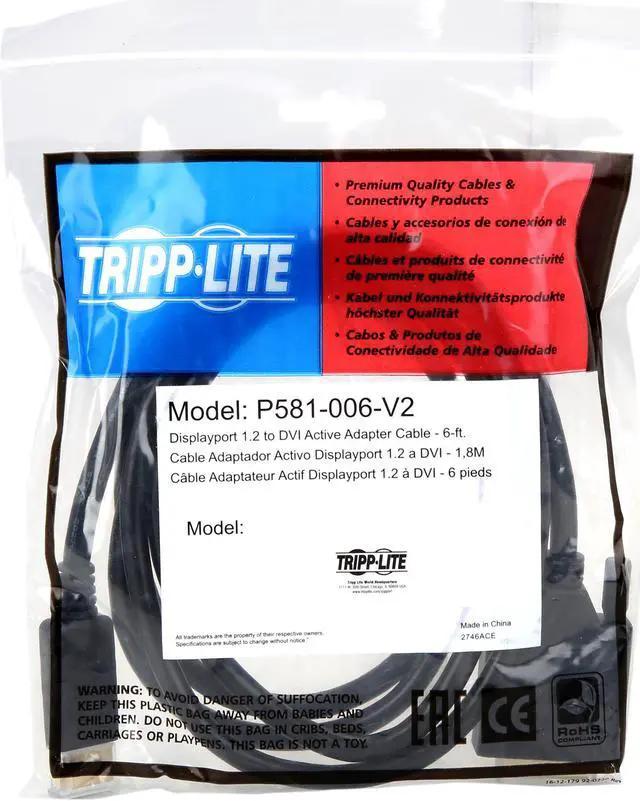 Alt view image 3 of 3 - Tripp Lite P581-006-V2 6 ft. Black DisplayPort 1.2 to DVI Active Adapter M/M 1920 x 1200 1080p