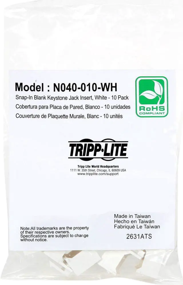 Alt view image 3 of 3 - Tripp Lite N040-010-WH Snap In Blank Keystone Jack Insert 10 Pack White