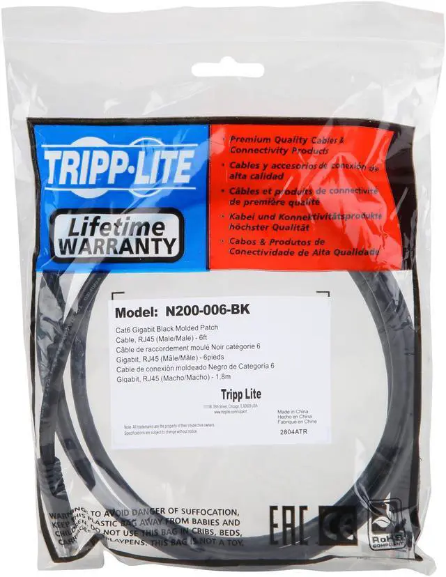 Alt view image 3 of 3 - Tripp Lite Cat6 Gigabit Molded Patch Cable, 6 ft. RJ45 (M/M), 550MHz 24 AWG Black 6' (N200-006-BK)