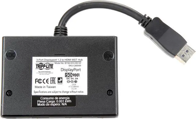 Alt view image 4 of 10 - Tripp Lite B156-003-HD-V2 3-Port DisplayPort 1.2 to HDMI Multi-Stream Transport (MST) Hub, 3840 x 2160 (4K x 2K) UHD