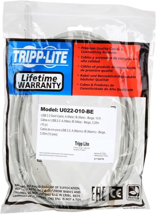 Alt view image 3 of 3 - Tripp Lite 10 ft. USB 2.0 Hi-Speed A/B Cable (M/M), 28/24 AWG, 480 Mbps, Beige, 10' (U022-010-BE)