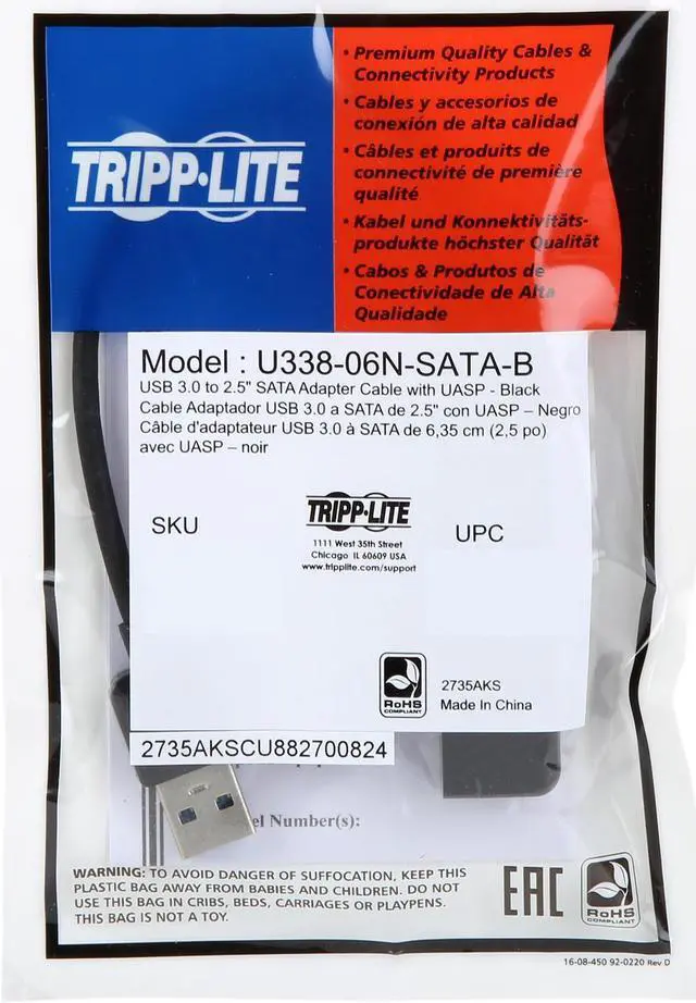 Alt view image 3 of 3 - Tripp Lite USB 3.0 SuperSpeed to SATA III Adapter Cable with UASP, 2.5 in. SATA Hard Drives, Black