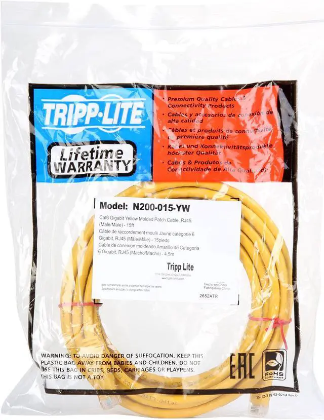 Alt view image 3 of 3 - Tripp Lite 15ft Cat6 Gigabit Molded Patch Cable RJ45 MM 550MHz 24AWG Yellow