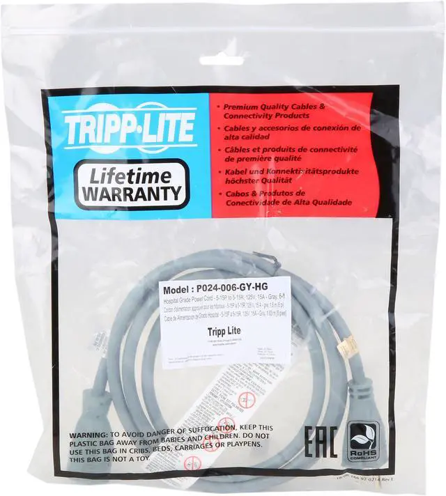 Alt view image 3 of 3 - Tripp Lite 6ft Hospital Medical Power Extension Cord 5-15P 5-15R 15A Gray