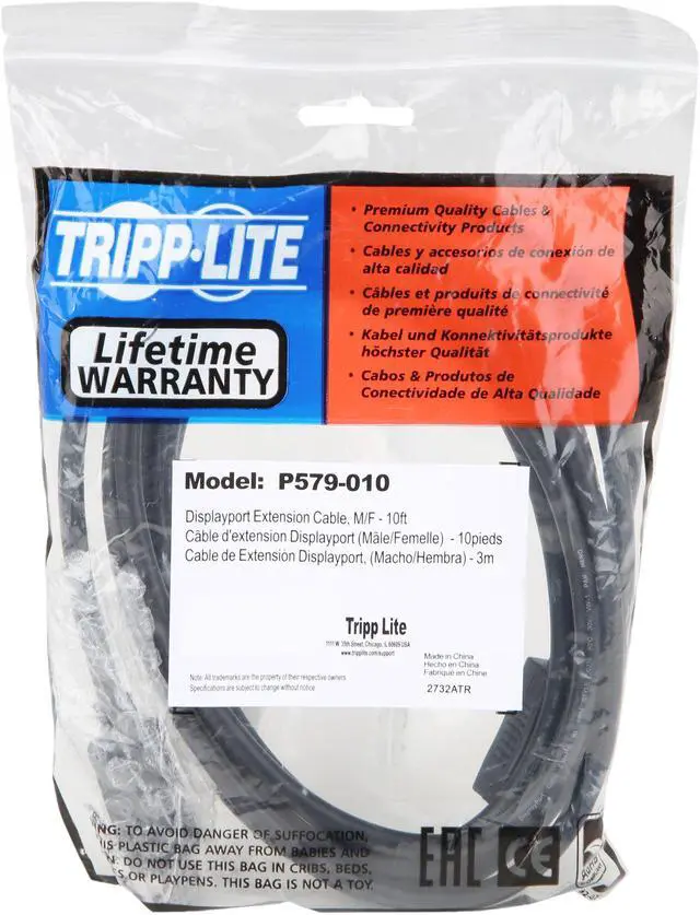 Alt view image 3 of 3 - Tripp Lite P579-010 10 ft. Black DisplayPort Extension Cable with Latch, 4K x 2K (3840 x 2160) @ 60 Hz, HDCP 2.2 (M/F) Male to Female