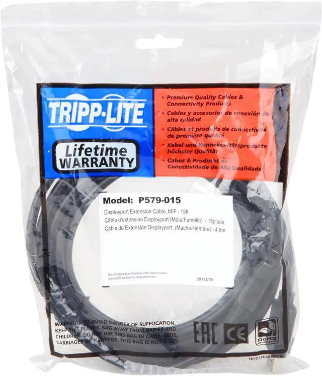 Alt view image 3 of 3 - Tripp Lite P579-015 15 ft. Black DisplayPort Extension Cable with Latch, 4K x 2K (3840 x 2160) @ 60 Hz, HDCP 2.2 (M/F) Male to Female