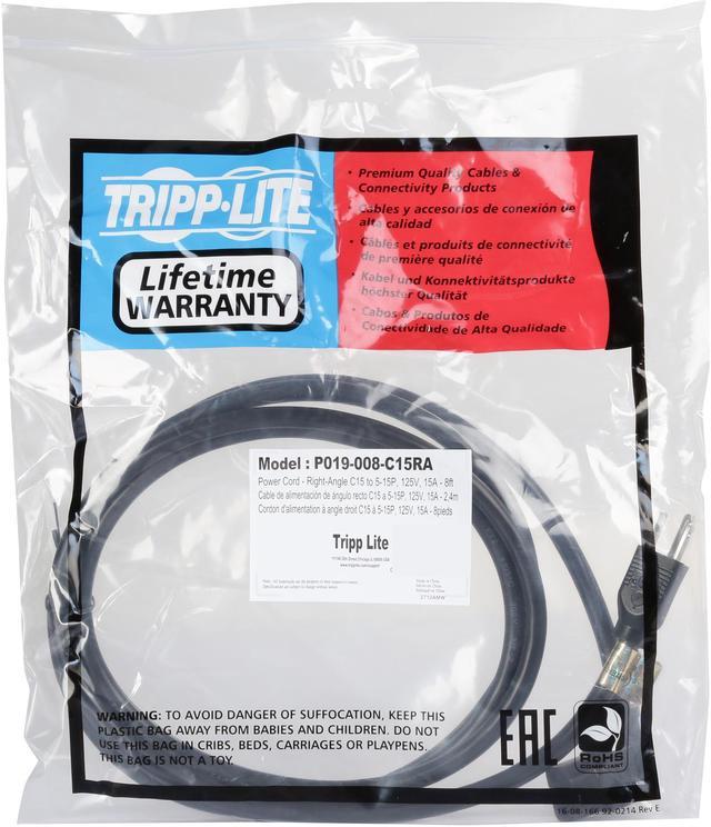Tripp Lite Model P019-008-C15RA 8 ft. Heavy-Duty Power Cord, 15A, 14 AWG  (NEMA 5-15P to Right-Angle IEC-320-C15) 