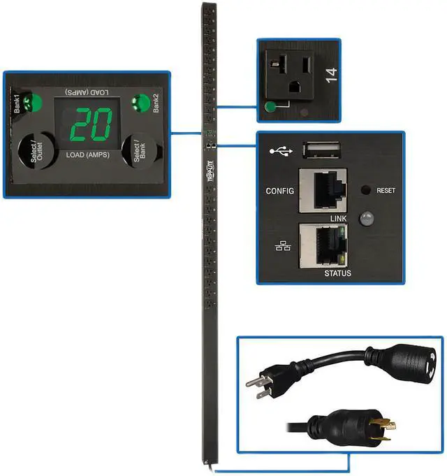Main image of Tripp Lite 1.9 kW Single-Phase Switched PDU, LX Platform, Outlet Monitoring, 120V Outlets (24 x NEMA 5-15/20R), L5-20P Plug, 0U, TAA (PDUMVR20NETLX)