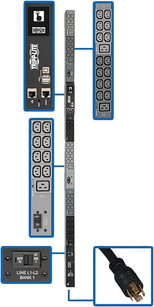 Main image of Tripp Lite 10kW 3-Phase Monitored PDU, LX Interface, 200 / 208 / 240V Outlets (42 x C13 / 6 x C19), LCD, NEMA L21-30P, 6.0 Feet Cord, 0U Height, TAA (PDU3EVN6L2130B)