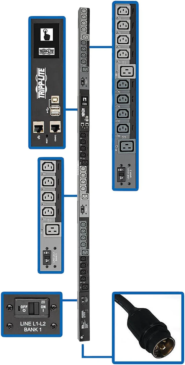 Main image of Tripp Lite 14.5kW 3-Phase Switched PDU, LX Interface, 200 / 208 / 240V Outlets (24 x C13 / 6 x C19), LCD, Hubbell CS8365C, 10.0 Feet Cord, 0U Height, TAA (PDU3EVSR10H50)